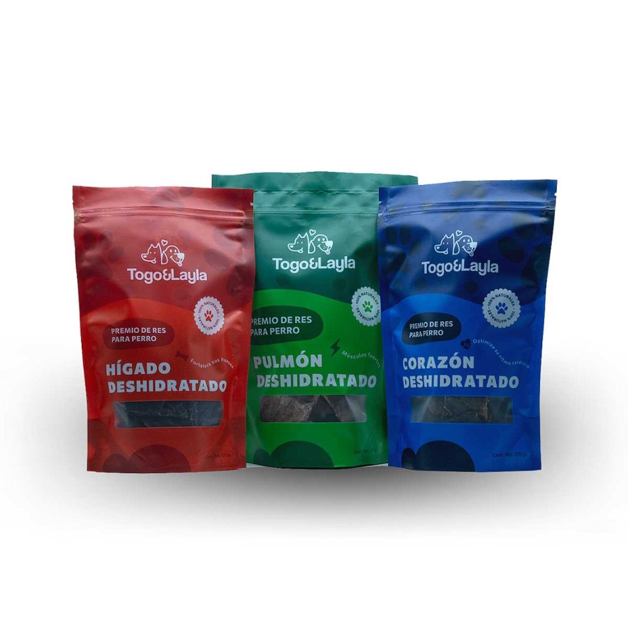 Perro Togo y Layla Naturales | Premios Para Perro Pack De 3 Bolsas Pulm N Coraz N E H Gado De Res Deshidratado Togo Y Layla 360 G