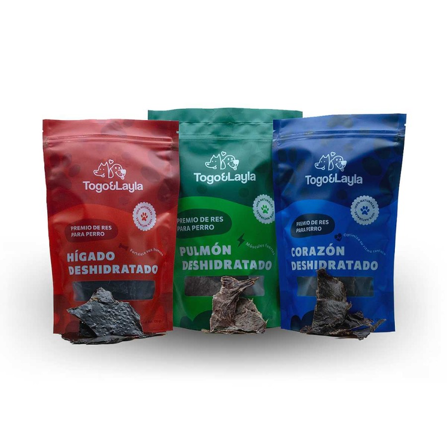 Perro Togo y Layla Naturales | Premios Para Perro Pack De 3 Bolsas Pulm N Coraz N E H Gado De Res Deshidratado Togo Y Layla 360 G