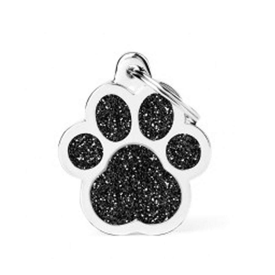 Perro My Family Collares Y Correas | Placa De Identificaci N Grabable Big Paw Glitter Black Shine